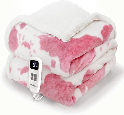 Cow Print Heated Throw Blanket Electric Blanket-Heating Blanket Throw with 10 Heat Levels & 10 Hours Auto-Off, Cozy Soft Fleece Sherpa, Washable, 50 x 60 Inches Cow Print Pink
