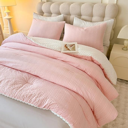 Boho Comforter Set Twin Size Striped Pleats Bohemian Seersucker Bedding Set All Season Soft Cozy 2 Pieces Quilt with 1 Pillowcase(68"X90" Blush Pink)