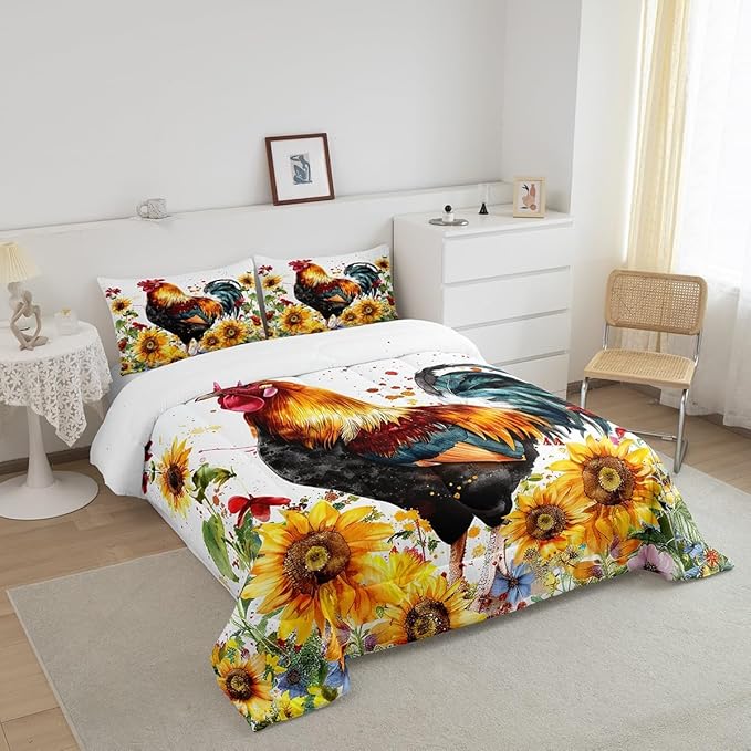 Erosebridal Sunflower Comforter Set Queen Size, Chicken Bedding Set, Yellow Floral Down Comforter, Watercolor Botanical Chick Animal Red Rooster Duvet Set, Tie Dye Quilted Duvet Bedroom Decor