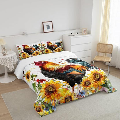 Erosebridal Sunflower Comforter Set King Size, Chicken Bedding Set, Yellow Floral Down Comforter, Watercolor Botanical Chick Animal Red Rooster Duvet Set, Tie Dye Quilted Duvet Bedroom Decor