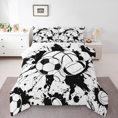 Feelyou Football Comforter Set Twin Size Baseball Comforter for Boys Girls Teens Sports Game Bedding Set Rugby Sports Duvet Set Room Decor White Balck Mixed Ball Quilt Set