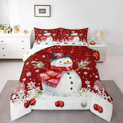 Cute Snowman Comforter Set Queen Size,Merry Christmas Bedding Set 3Pcs Xmas Red Bells and Snowflake Quilt Set for Kids Boys Girls Teens Room Decor Watercolor Cartoon Duvet Insert,2 Pillowcases