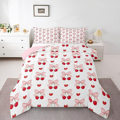 Manfei Pink Bow Girlish Kids Comforter Set Twin Size,Bowknot Cherry Tropical Fruit Cartoon Bedding Set,Girls Women Room Decor,Cute Princess Style Down Comforter,Pink Bow Tie Duvet Insert,1 Pillowcase