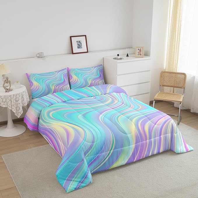 Pastel Rainbow Comforter Set with Pillowcases Abstract Wave Stripes 3D Printed Designs 3 Piece Bedroom Duvet Set Psychedelic Girl Bed Down Comforter for Kids Women Dorm Room (King,Coulourful Marble)
