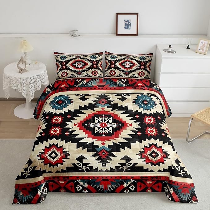 Feelyou Boho Comforter Set Toddler Size Southwest Native American Design Comforter Southwestern Geometric Bedding Set Western Decor Duvet Set Black Beige Quilt Set