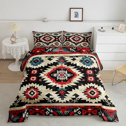 Feelyou Boho Comforter Set Full Size Southwest Native American Design Comforter Southwestern Geometric Bedding Set Western Decor Duvet Set Room Decor Black Beige Quilt Set