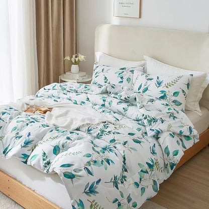 MKXI Rustic Floral Comforter Set White and Blue Full Size Botanical Bedding Comforters Branch Floral Duvet Lightweight Turquoise Leaves Pattern Aesthetic Bed Set 1 Comfortert + 2 Pillowcases