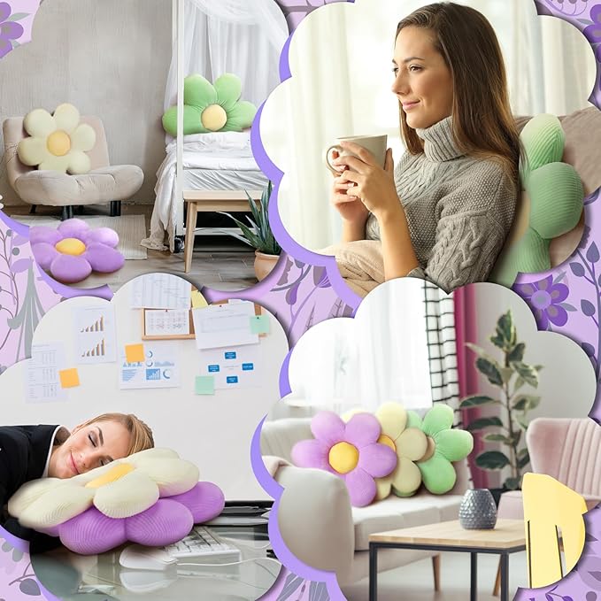 Sratte 3 Pcs Flower Pillows Flower Shaped Throw Pillows Cute Daisy Plush Pillow Decorative Floor Pillow Seat Cushion for Bedroom Home Sofa Chair Couch Decor(Colorful,16")