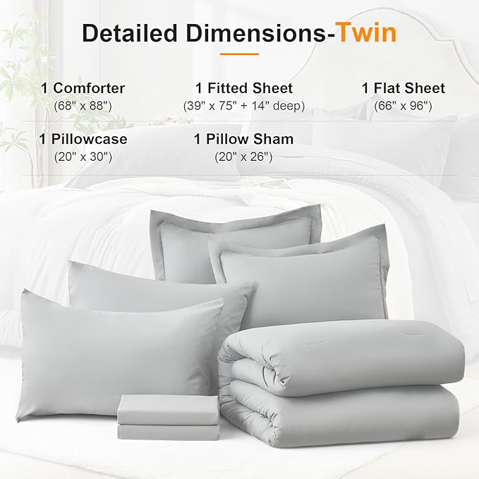 Twin Comforter Set 5 Piece - Soft Bed in a Bag Queen Size Comforter Sets, Cozy Luxury Bedding Sets with All Season Comforter, Flat Sheet, Fitted Sheet,Pillowcases & Shams, Light Gray
