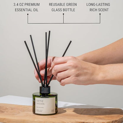 Craft & Kin Santal Woods Christmas Reed Diffuser | All Natural Essential Oil & Rattan Scent Sticks | Holiday Reed Diffusers for Home, Bathroom | Long Lasting Home Fragrance in Green Glass, 3.4oz