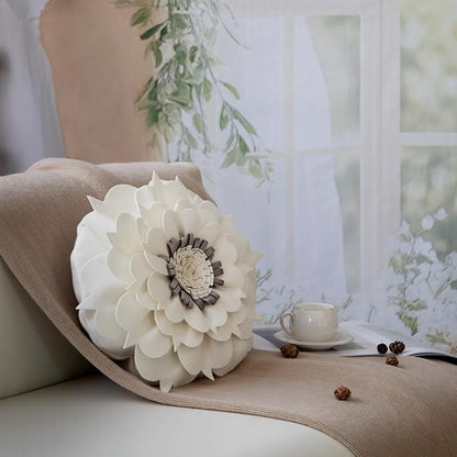 3D Flower Decorative Throw Pillow Accent Handmade Round Pillow Cushion with Insert for Home Couch Bedroom Decor 13 x 13 Inch White