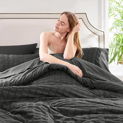 CozyLux California King Comforter Set with Sheets 7 Pieces, Dark Grey Seersucker Bed in a Bag Cal King Luxury Soft Bedding Sets with Down Alternative Comforter, Sheets, Pillowcases & Shams All Season