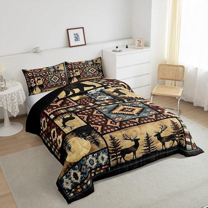 Erosebridal Rustic Bear Comforter Set Twin,Buffalo Plaid Grid Checkered Bedding 2Pcs,Hunting Deer Farmhouse Cabin Decor Quilt,Retro Southwest Aztec Bed Set,Tribal Duvet Insert,Brown Red
