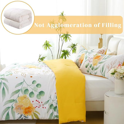 Queen Comforter Set Yellow 3 Pieces Bed in a Bag, Floral Bedding Sets Elegant Botanical Bed Set Lightweight Soft Comforter with 2 Pillowcases for All Season