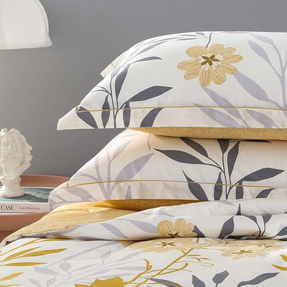 SLEEPBELLA Comforter Queen Size, 600 Thread Count Cotton Grey Branch with Yellow Flower & Grey Leaves Pattern Orange Reversible Comforter Set,Down Alternative Bedding Set 3Pcs(Queen, Yellow Botanical)