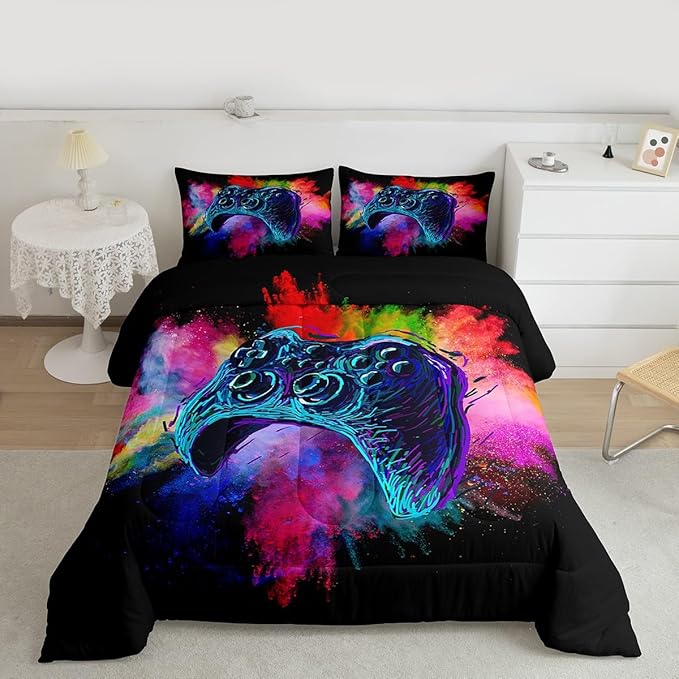 Erosebridal Teen Boys Gaming Full Size Comforter Sets Kids Gamer Bedding Set Girls Colorful Tie Dye Down Comforter Video Game Room Deocr Bed Set Navy Blue Gamepad Bedding Quilt with 2 Pillow Cases