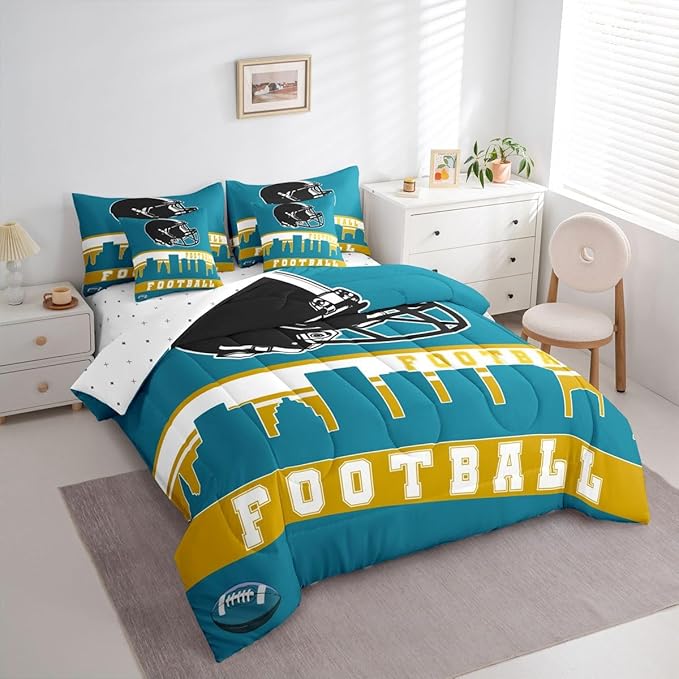 Erosebridal Football 7 Pcs Comforter Set Queen Football City Bedding for Kids Teal Football Fans Sheet Set Bed in A Bag Rugby Game Bedroom Decor Sports Ball Competition Quilt