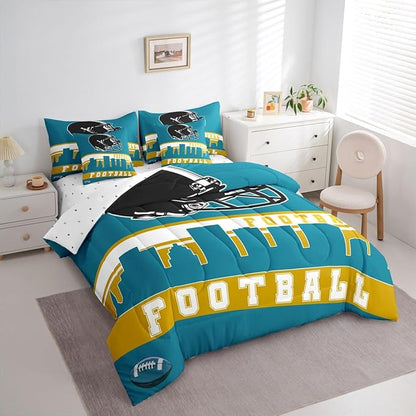 Erosebridal Football 7 Pcs Comforter Set King Football City Bedding for Kids Teal Football Fans Sheet Set Bed in A Bag Rugby Game Bedroom Decor Sports Ball Competition Bed Set