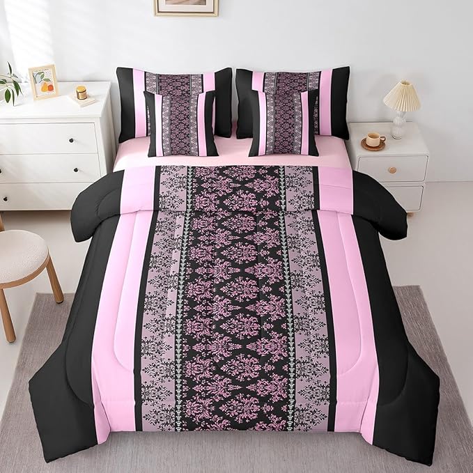 jejeloiu Adult Classic Jacquard 7 Piece Bedding Set King Size Damask Pattern Comforter Set with Sheets for Boys Girls Black Pink Stripe Bed in a Bag Baroque Bed Set