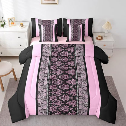 jejeloiu Adult Classic Jacquard 7 Piece Bedding Set King Size Damask Pattern Comforter Set with Sheets for Boys Girls Black Pink Stripe Bed in a Bag Baroque Bed Set
