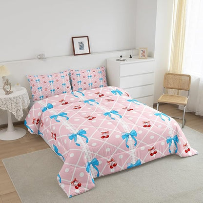 Feelyou Girls Bow Comforter Set King Size Cute Bowknot Bedding Set for Boys Teens Decor Kawaii Cherry Comforter Stripes Duvet Set Bedroom Blue Bow Quilt Set 3Pcs