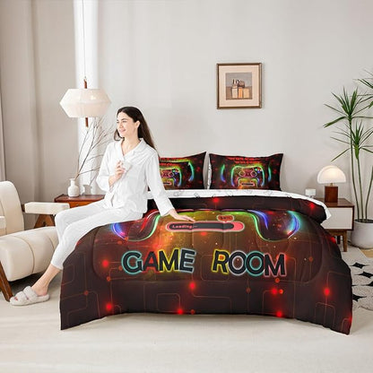 jejeloiu Cool Gamer 7 Piece Bedding Set King Size for Boys 3D Gaming Comforter Set with Sheets Kids Teens Bright Red Bed in a Bag Modern Game Console Bed Set