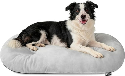 Washable Large Dog Bed 35x22 Inch - Silver Fox Faux Fur Supportive Pad, Non-Slip Bottom Durable Oval Pet Bed Indoor Outdoor for Medium Dogs Cats(Light Grey)