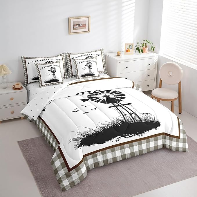 Erosebridal King Size Windmill Comforter Sets with Sheets 7-Piece Rustic Farmhouse Grid Comforter Set Bed-in-a-Bag with 1 Flat Sheet 1 Fitted Sheet 2 Pillowcases and 2 Throw Pillow Covers