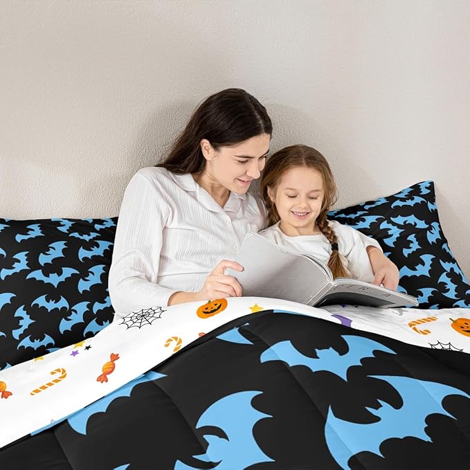 Erosebridal Blue Bat Toddler Comforter Halloween Bat Bedding Set Spooky Goth Gothic Animal Duvet Insert Horror Halloween Bed Sets for Kids Teens Adults