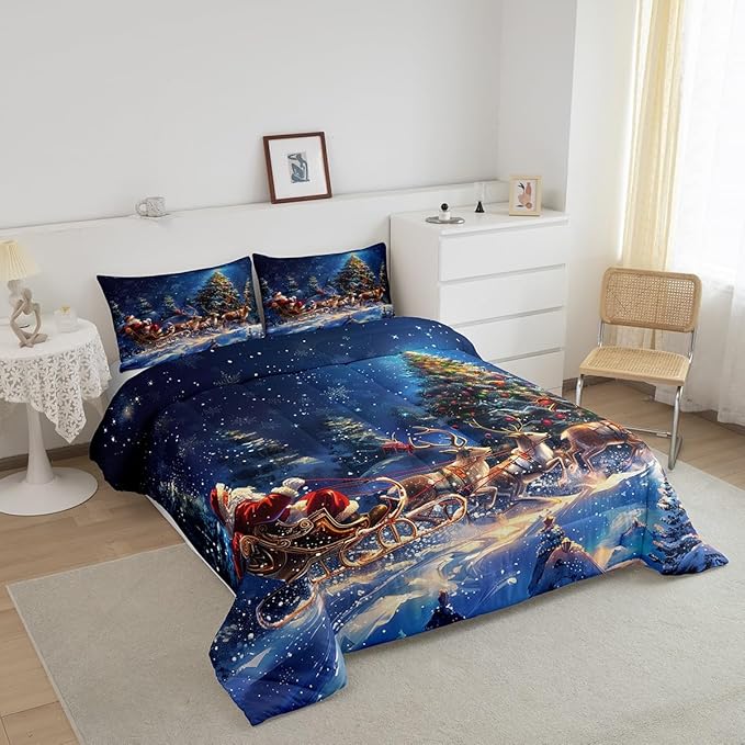 Santa Clause Elk Sleigh Comforter Set Queen Size,Christmas Tree Bedding Set for Kids Girls Boys Teens Room Decor,Winter Snow Night Quilt Set Vintage Art Painting Duvet Insert,2 Pillowcases