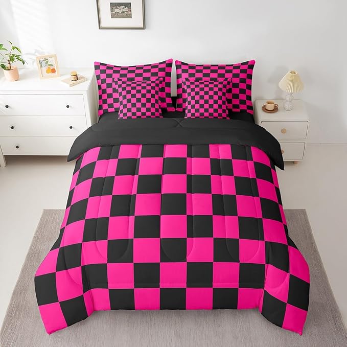 Feelyou Checkered 7 Piece Bedding Set Teen Dark Red Black Plaid Comforter Set with Sheets Queen Size Kids Boys Cute Retro Neutral Checkerboard Geometric Bed in a Bag Vintage Aesthetic Room Decor
