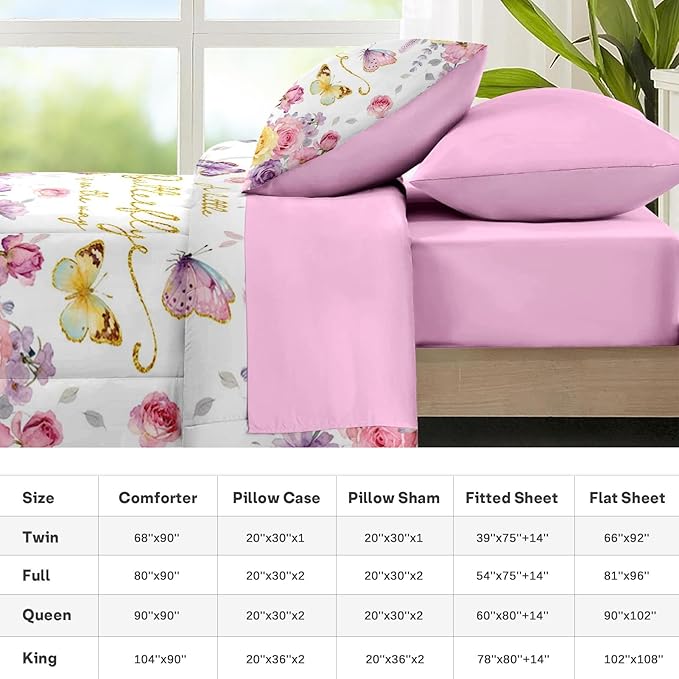 Nesker 7 Pcs Spring Comforter Set King Size, Pink Purple Floral Bedding Set for Kids and Adults, Roses Butterfly Bed Sheet Sets with Fitted Sheet 2 Pillowcases & 2 Shams