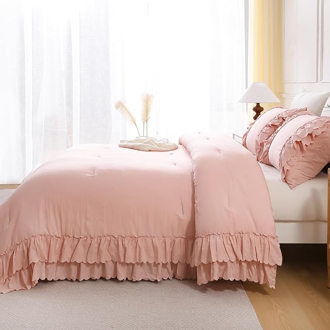 Herside Pink Ruffle Comforter Set King Size,Shabby Chic Boho Bedding Sets, Soft Fluffy Comforters Sets for All Season,Vintage Ruffled 3 Pcs Microfiber Lightweight Quilt Set for Women Girls