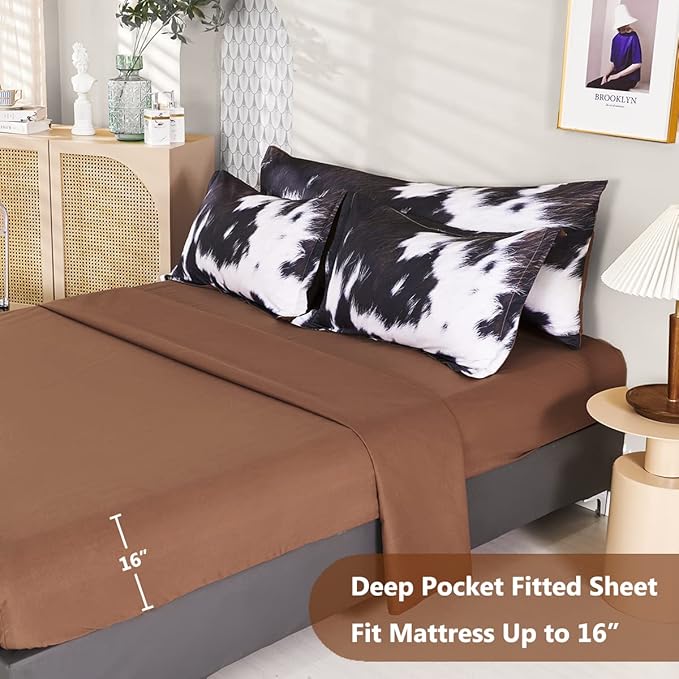 SUCSES Cow Print Comforter Set Queen Size, 8Pcs Cow Fur Print Bed Quilt Set with Comforter and Sheets, Super Soft Farmhouse Style Bed Bedding Sets for Teens Boys