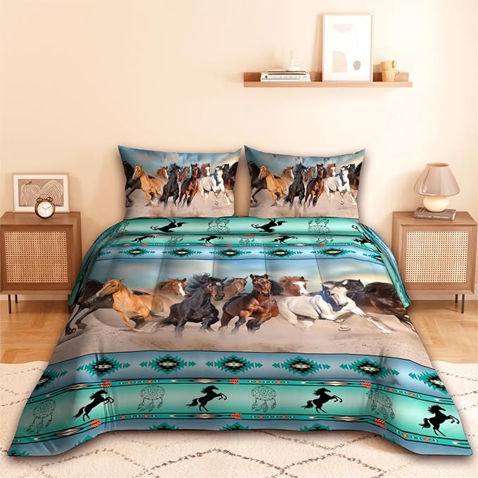 Horse Comforter Set, Green Brown 3D Pattern for Kids Teens Adults,Decorative Bedding Comforter Sets with 2 Pillow Shams, King Size
