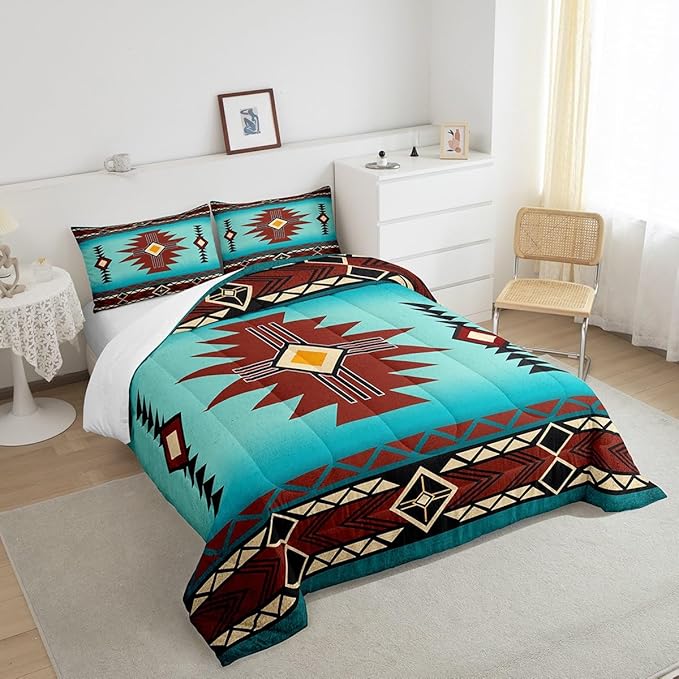 Southwest Comforter Set Full Size,Geometric Aztec Tribal Striped Print Bedding Set Rustic Western Quilt Set for Kids Girls Boys Men Room Decor,Adult Retro Turquoise Red Duvet Insert 3Pcs