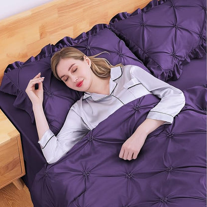 JOLLYVOGUE Purple Full Size Comforter Sets 7 Pieces, Pintuck Bed in a Bag Comforter Set for Bedroom, Bedding Comforter Sets with Comforter, Sheets,Ruffled Shams & Pillowcases
