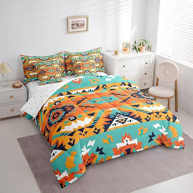 Erosebridal Aztec Bed in a Bag King Size Comforter Set 7 Pieces,Indian Tribe Geometric Bedding Sets Southwestern Native Sheet Set with Comforter