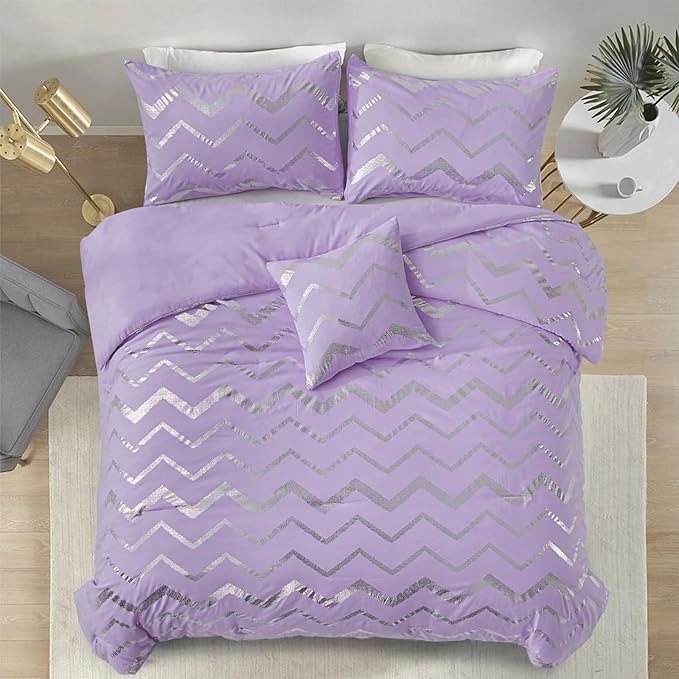 Menghomeus Purple/Silver Comforter Set King Lavender Metallic Print Glitter Bed Comforter Cute Shinny Bedding for Teen Girls Kids Women, 4 Piece (2 Pillowcases, 1 Decorative Pillow Sham)