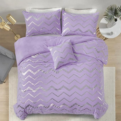 Menghomeus Purple/Silver Comforter Set King Lavender Metallic Print Glitter Bed Comforter Cute Shinny Bedding for Teen Girls Kids Women, 4 Piece (2 Pillowcases, 1 Decorative Pillow Sham)