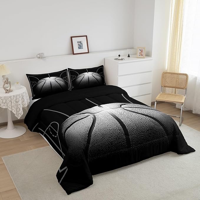 Erosebridal Twin Size Basketball Comforter Set for Boys,Black and Gray Basketball Bedding Sets for Teens,Sports Ball Games Twin Size Comforter Sets,Ball Room Decor for Boys