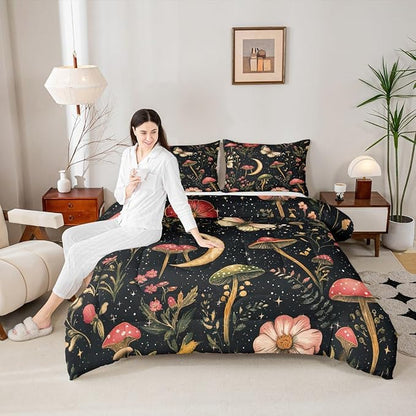 Erosebridal Gothic Mushroom Black Bedding Set for Boys, Vintage Mushroom Comforter Set Toddler Boho Moth Spring Floral Comforter for Kids Teens Adults Bedroom, Moon and Starry Star Quilt Lightweight