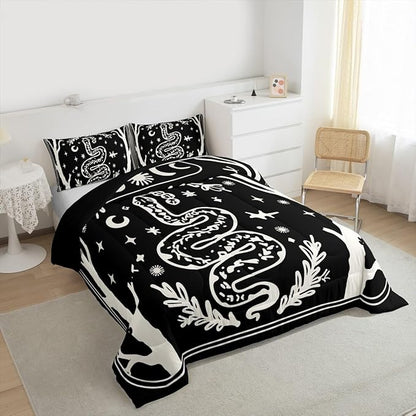 Erosebridal Halloween Gothic Queen Bedding Set, Goth Snake Comforter Set for Kids Boys Girls Teens Women Men Retro Halloween Decor, Sun and Moon Black Comforter, Terror Theme Black Goth Quilt