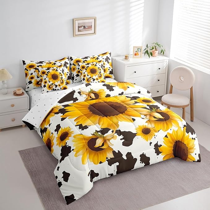 Erosebridal 7 Pcs Sunflower Cow Comforter Set Full Size,Cow Printed Bed in a Bag with Flat Sheet and Fitted Sheet for Cowboy Cowgirl,Farmhouse Cowhide Bedding Set with Pillowcases and Cushion Cases