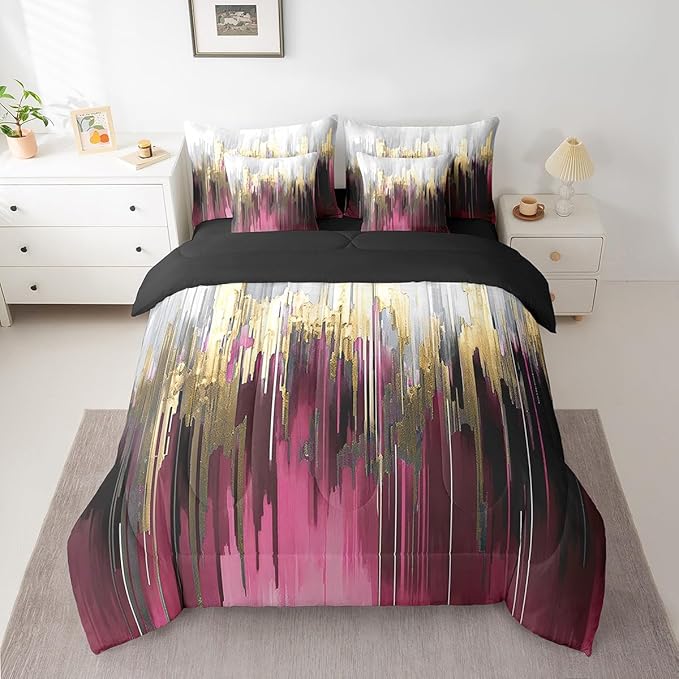 Hot Pink Purple Bed in a Bag 7-Piece Abstract Watercolor Bedding Set, Gradient Stripe Twin Size Comforter Set Chic Vintage Aesthetic Bedding Comforter Sets, Graffiti Oil Painting Modern Bed Set