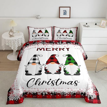 Merry Christmas Comforter Set Full Size,Cartoon Santa Claus Bedding Set 3Pcs for Kids Boys Girls Room Decor,Red Black Checkered Snowflake Quilt Set Geometric Xmas Duvet Insert,2 Pillowcases
