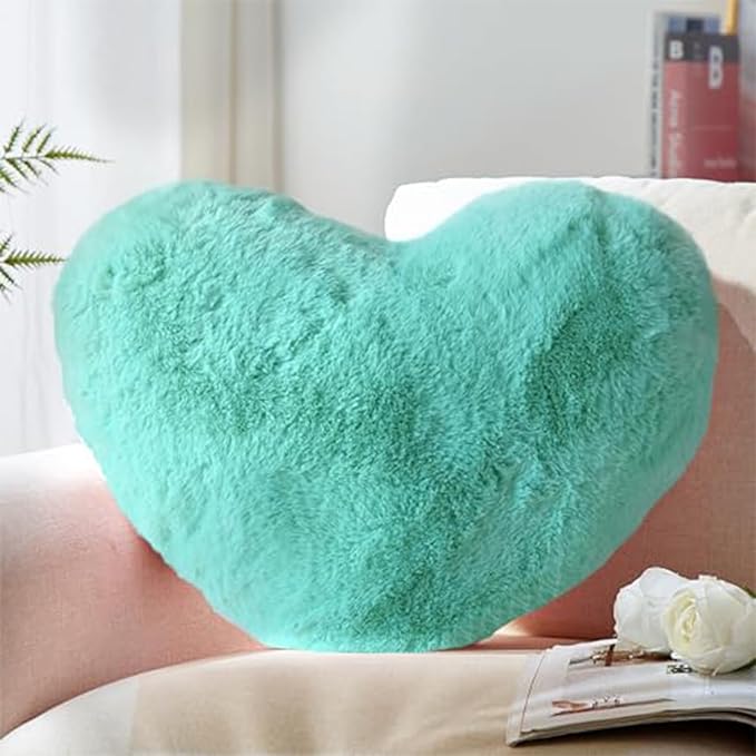 YRXRUS Heart Pillows, Love Heart Shaped Pillow, Small Cute Green Heart Pillows for Gifts, Faux Rabbit Throw Pillows for Her, Kids, Girls Home Decoration, 10X11 Inch