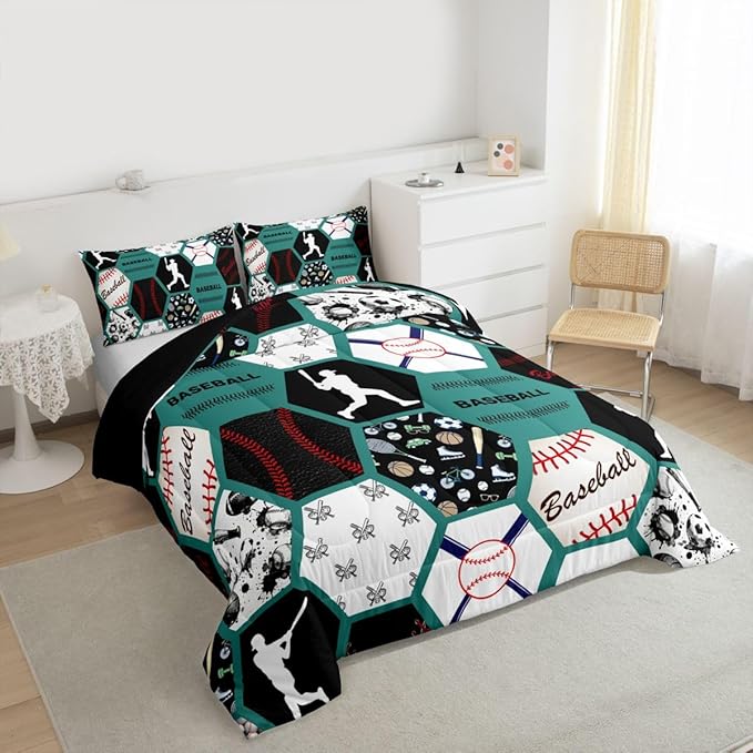 Erosebridal Sports Bedding Set for Kids Boys Girls,Baseball Comforter King,Geometric Hexagonal Honeycomb Comforter Sets,Ball Game Printed Patchwork Duvet Insert with 2 Pillowcases,Green White Black