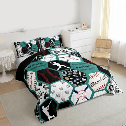 Erosebridal Sports Bedding Set for Kids Boys Girls,Baseball Comforter King,Geometric Hexagonal Honeycomb Comforter Sets,Ball Game Printed Patchwork Duvet Insert with 2 Pillowcases,Green White Black