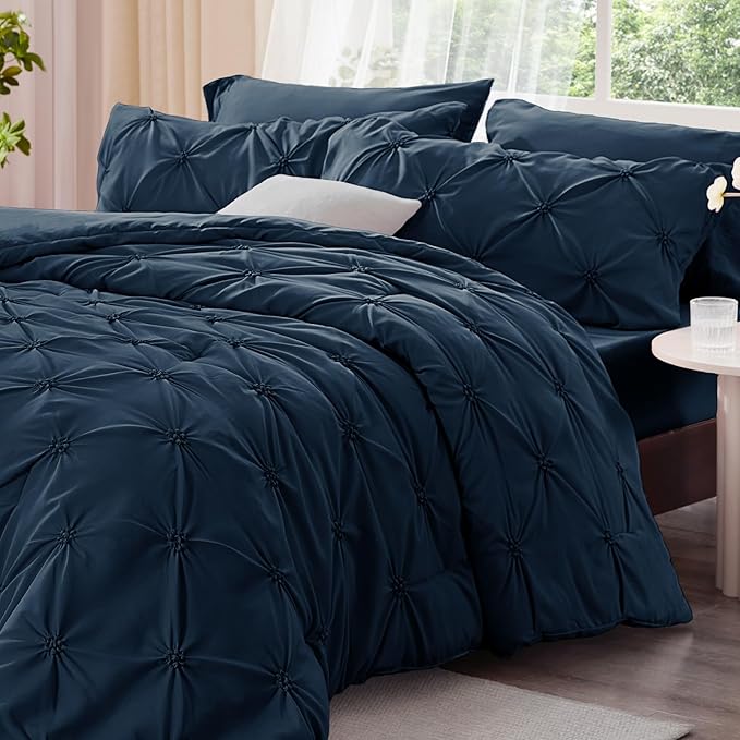 BEDELITE Navy Twin Comforter Set - 2 Peices Boho Pintuck Bedding Comforter Sets, Lightweight Soft & Warm Twin Bedding Sets with 1 Pillowcase for All Season